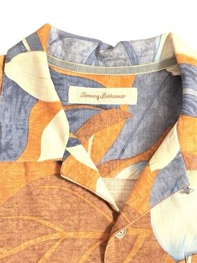 Tommy Bahama Orange & Blue Hawaiian Tropical 100% Silk Shirt